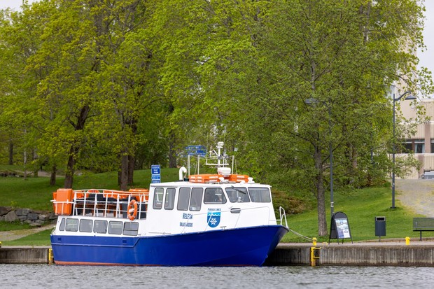 Pirkka Linesin sinivalkoinen m/s Helena laiturissa järveltä päin kuvattuna. Taustalla vihreälehtisiä puita.