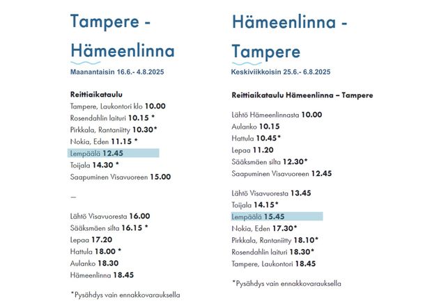 Hopealinjan aikataulut Tampere-Lempäälä- Hämeenlinna.. Lisätietoa www.hopealinjat.fi