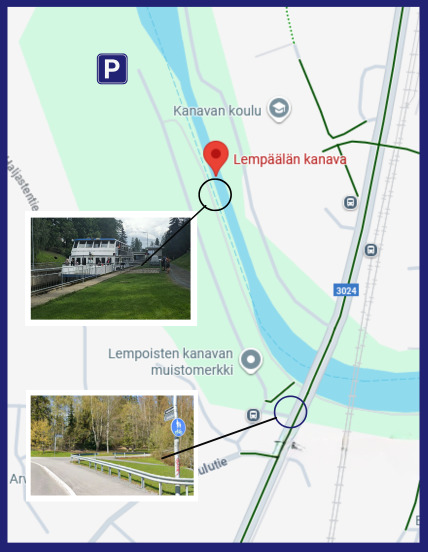 Kartta Lempäälän kanavan alueesta, jossa on merkitty pysäköintipaikka, kanavan sijainti ja kulkureitit. Liitteenä kaksi kuvaa: ylemmässä kanavaristeilyalus sulkuportilla, alemmassa kävely- ja pyörätien alku viheralueen vieressä.