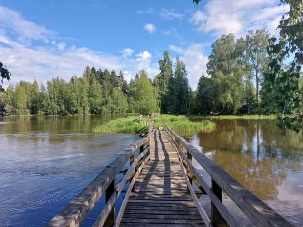 Puisen kävelysillan näkymä Kruunusaareen. Sillan alla virtaa rauhallinen vesi, ja taustalla näkyy vehreä saari, jossa kasvaa koivuja ja havupuita. Taivas on kirkas ja sininen, ja maisema huokuu kesäistä rauhaa.