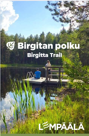 Birgitan polun kartan kansikuva: kaksi henkilöä laiturilla metsälammen rannalla, kuvassa teksti “Birgitan polku – Birgitta Trail” ja Lempäälän logo.