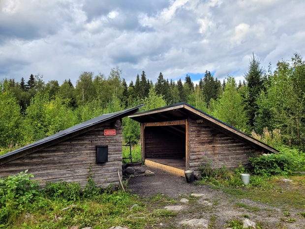 Ammejärven laavu metsäisessä ympäristössä. Kuvassa kaksi hirsirakenteista katosta, joista toinen on avoin ja toimii taukopaikkana. Edustalla sorapohjainen alue ja vihreää kasvillisuutta, taustalla tiheä metsä ja pilvinen taivas.