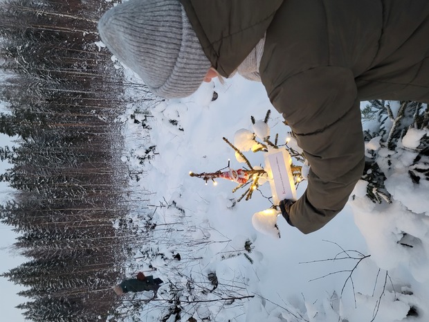 Lumisen metsän keskellä pieni, jouluvaloilla koristeltu kuusi, jonka eteen henkilö kumartuu kiinnittämään tai lukemaan kylttiä. Henkilöllä on harmaa pipo, huivi ja vihertävä talvitakki. Taustalla näkyy toinen henkilö kävelemässä lumisessa metsämaisemassa.