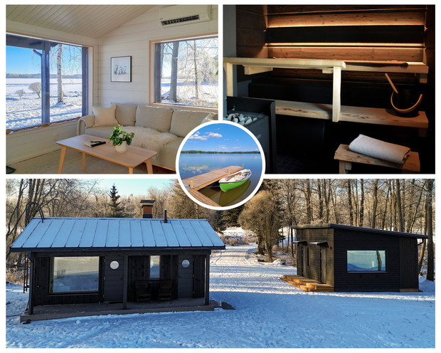 Kuvakollaasi Villa Vanajasta: valoisa olohuone j&auml;rvin&auml;kym&auml;ll&auml;, puul&auml;mmitteinen sauna, kaksi tummas&auml;vyist&auml; rakennusta lumisessa maastossa sek&auml; pieness&auml; ympyr&auml;kuvassa kes&auml;inen laituri ja vene.