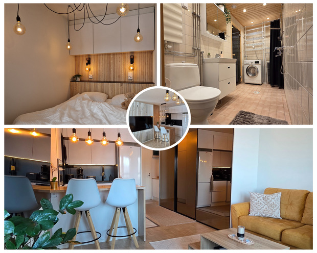 Kuvakollaasi modernista yksi&ouml;st&auml;: makuualkovi valoineen, kylpyhuone jossa pesutorni ja sauna, moderni keitti&ouml; saarekkeella sek&auml; valoisa olohuone.