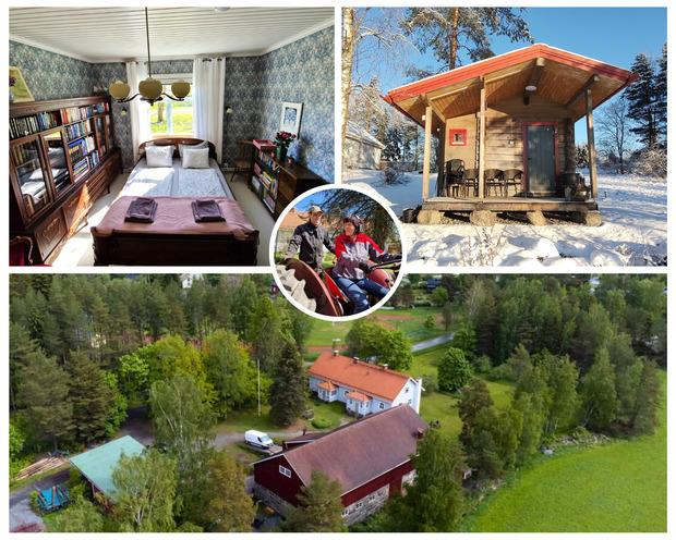 Kuvakollaasi Narvan Maatilamajoituksesta: vanhan ajan tunnelmallinen makuuhuone, pieni hirsisaunam&ouml;kki talvimaisemassa sek&auml; ilmakuvassa maatilan rakennuksia ja pihapiiri&auml;. Pieness&auml; ympyr&auml;kuvassa n&auml;kyy maatilalla j&auml;rjestett&auml;v&auml;&auml; ohjelmaa.