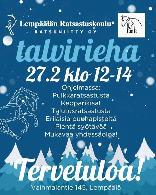 Talvirehän mainos, jossa kerrotaan tapahtuman ajankohta 27.2. klo 12–14, ohjelma ja paikka Lempäälän Ratsastuskoululla.