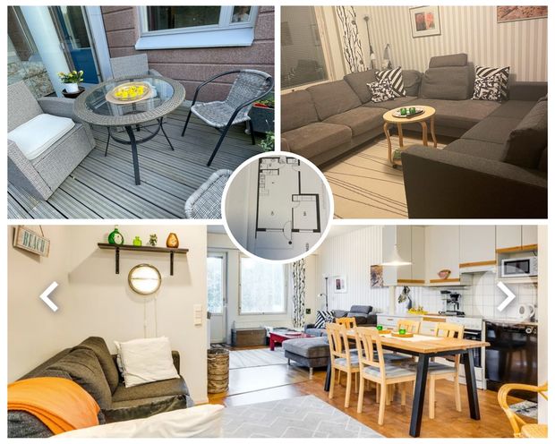 Kollaasi asunnon kuvista: lasitetun terassin pieni p&ouml;yt&auml; ja tuolit, olohuoneen suuri kulmasohva, viihtyis&auml; istuskelunurkkaus, avara keitti&ouml;- ja ruokailutila sek&auml; pieni pohjapiirros huoneistoista.