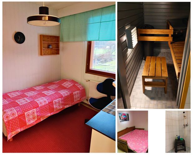 Kollaasi makuuhuoneista, saunasta ja suihkutilasta