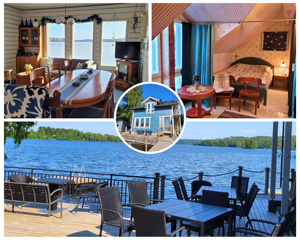 Kuvakollaasi j&auml;rvenrantam&ouml;kist&auml;: yl&auml;vasemmalla ruokailu- ja oleskelutila, jossa suuret ikkunat avautuvat j&auml;rvimaisemaan; yl&auml;oikealla makuuhuone, jossa vinokatto ja ikkuna kohti luontoa; keskell&auml; pieni ympyr&auml;kuva m&ouml;kin ulkokuoresta ja terassista; alhaalla laaja puinen rantaterassi, jolla p&ouml;yti&auml;, tuoleja ja kaiteen vieress&auml; j&auml;rvin&auml;kym&auml; kohti mets&auml;rantaa.