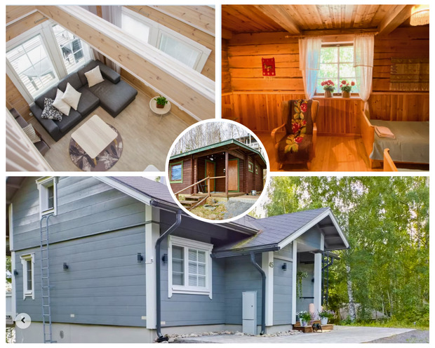 Kuvakollaasi useista majoituskohteista: yl&auml;vasemmalla valoisa olohuone, jossa suuri kulmasohva ja suuret ikkunat; yl&auml;oikealla perinteinen hirsihuone, jossa ikkuna ja puiset sisustuselementit; keskell&auml; pieni ympyr&auml;kuva piharakennuksen portaille johtavasta sis&auml;&auml;nk&auml;ynnist&auml;; alhaalla harmaa puurakenteinen p&auml;&auml;rakennus vehre&auml;ss&auml; pihapiiriss&auml;.