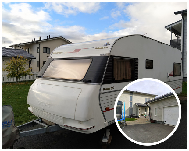 Asuntovaunu omakotitaloalueella, vieress&auml; pieni ympyr&auml;kuva pihapiirist&auml; ja talon julkisivusta.