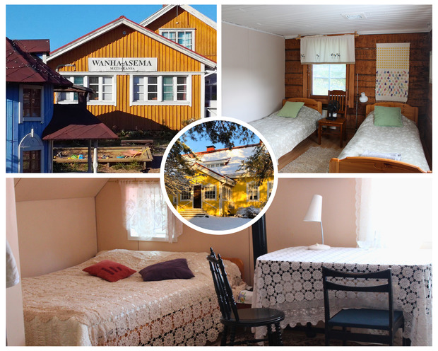 Kuvakollaasi Ilolan maatilamatkailun majoitustiloista: keltainen Wanha Asema -rakennus ulkoa, kaksi erillist&auml; s&auml;nky&auml; hirsisein&auml;isess&auml; huoneessa sek&auml; huone, jossa leve&auml; s&auml;nky ja pitsipeitteell&auml; katettu p&ouml;yt&auml;.