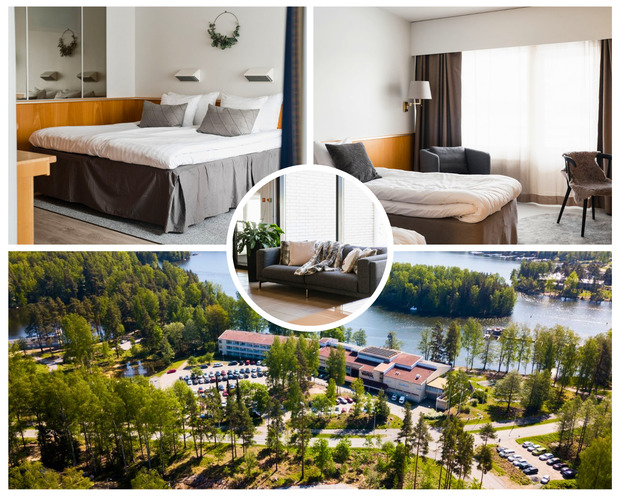 Kuvakollaasi Hotelli Waltikasta: hotellihuoneita sek&auml; ilmakuva hotellirakennuksesta j&auml;rven rannalla mets&auml;n ymp&auml;r&ouml;im&auml;n&auml;.