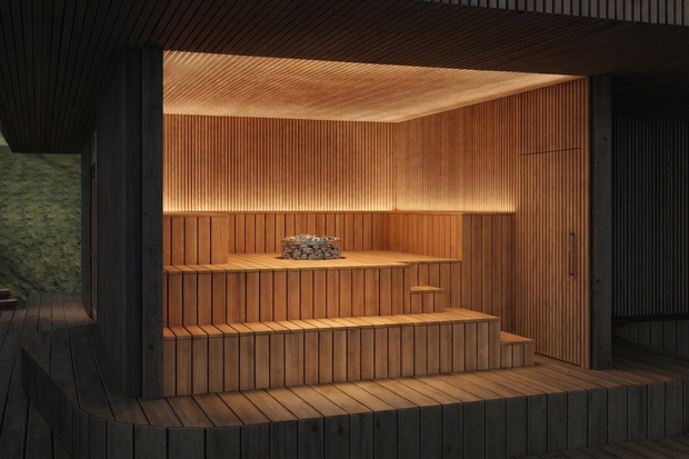 Illustration of a modern sauna with wooden benches and a large glass window.