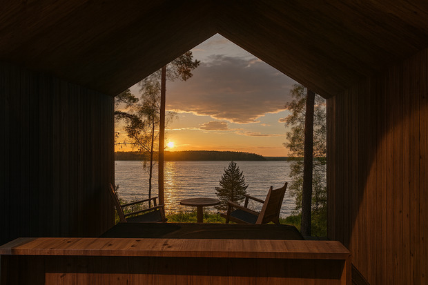 Illustration of a sauna with an open wall offering lake views at sunset.