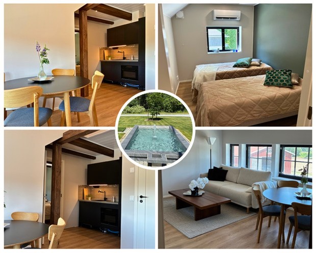 A bright and modern cottage shown in a collage featuring an open kitchen and dining area, a twin bedroom, a cozy living room, and a small outdoor pool surrounded by greenery.